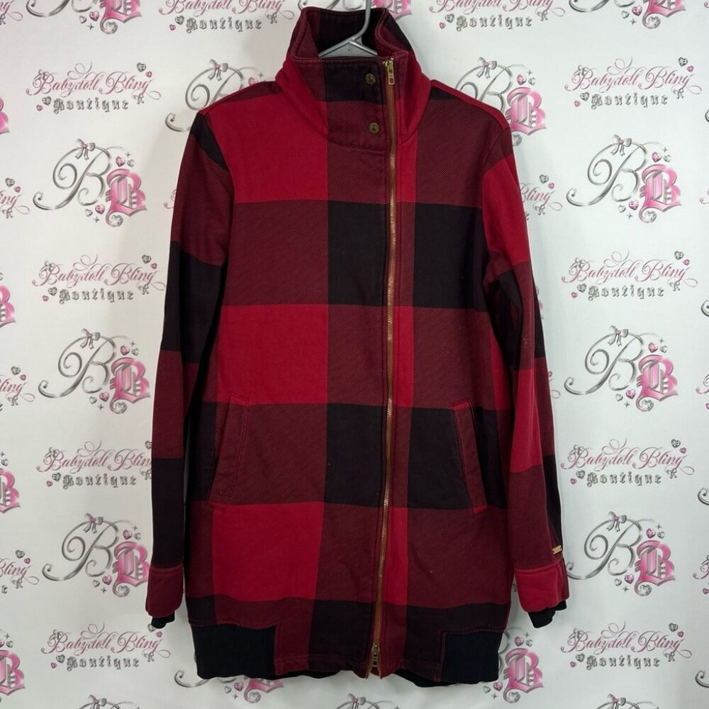 Roots sweater long style zip up buttons Red and Black Plaid Utility Jacket